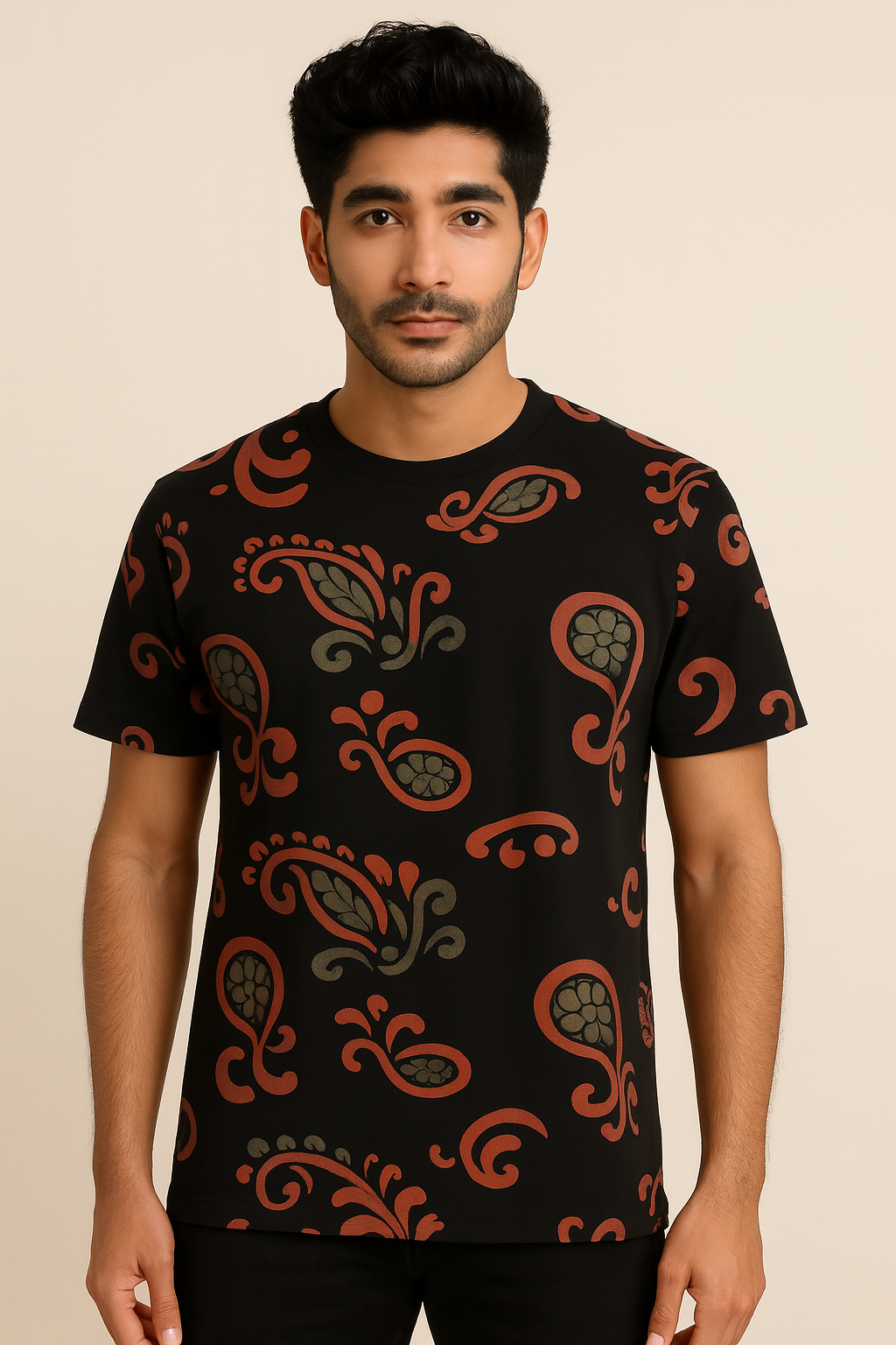 Black Paisley Print Crew Neck T-Shirt