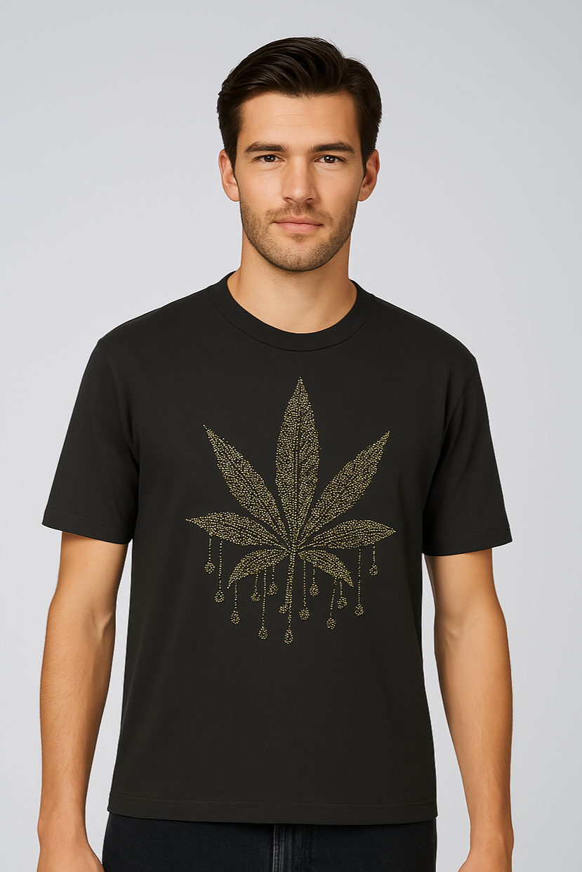 Gold Rhinestone Marijuana Leaf Tee Shirt