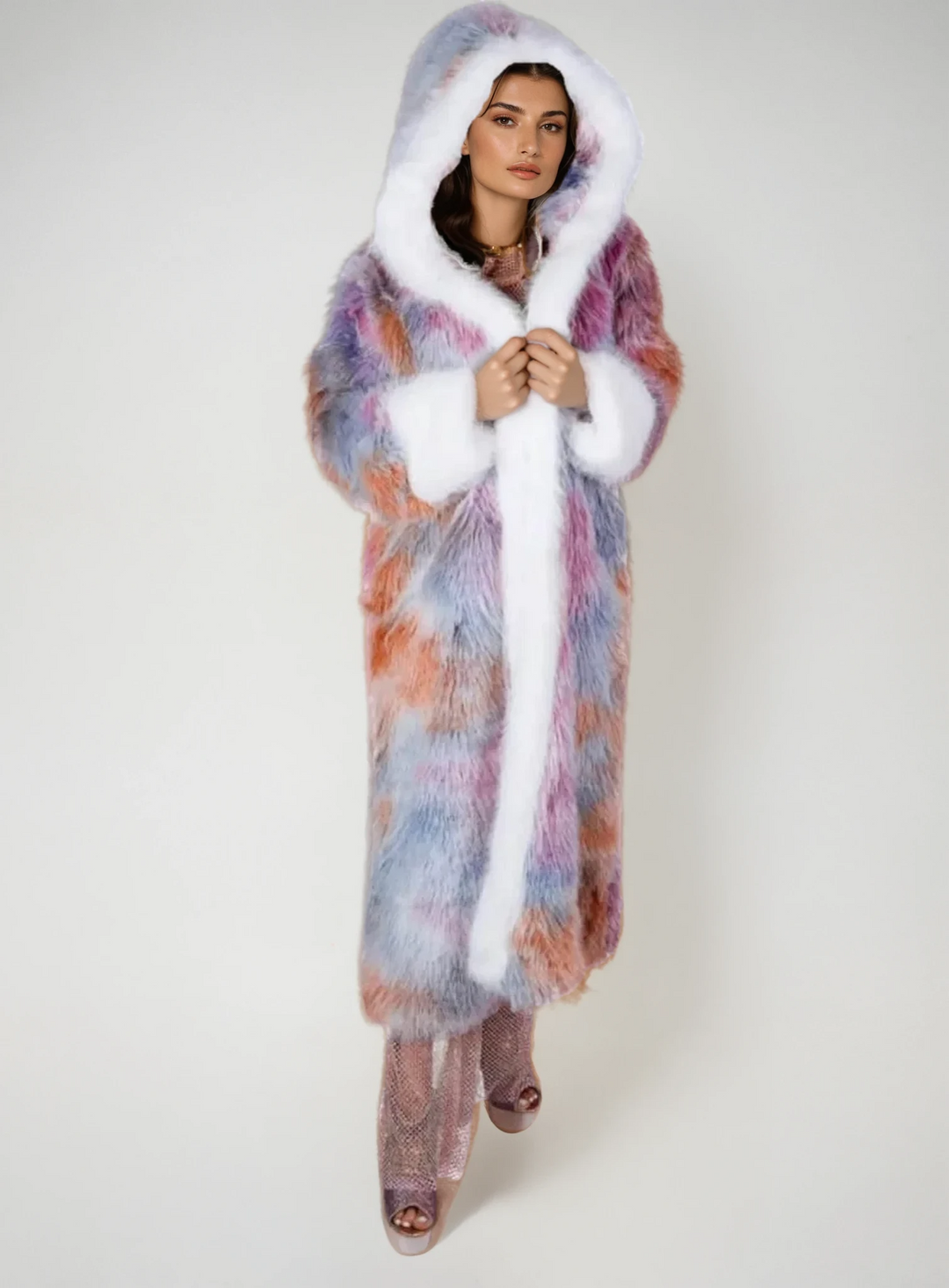 Luxury Multicolor Faux Fur Hooded Long Coat