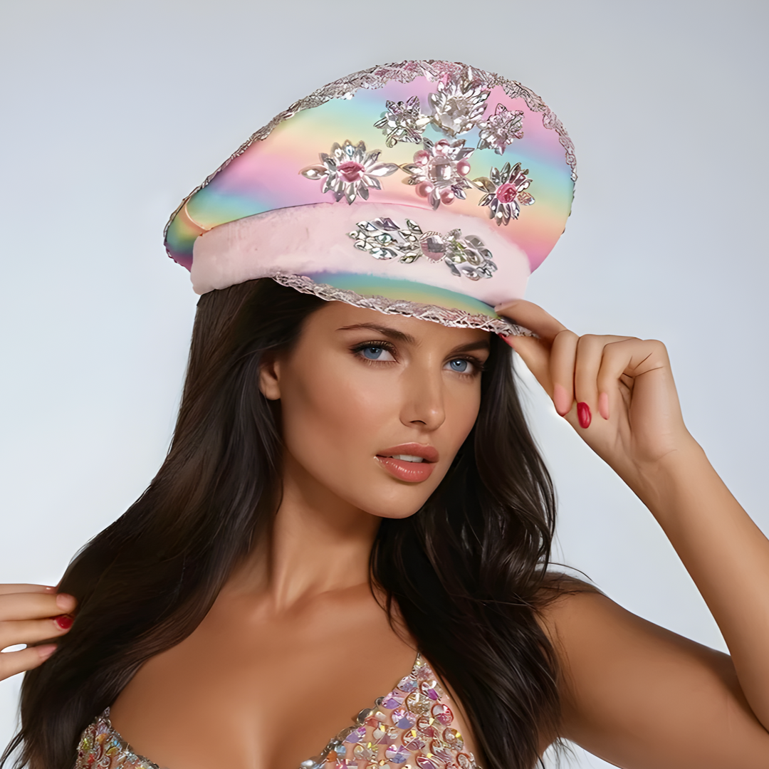 Iridescent Pastel Police Hat with Crystal Embellishments