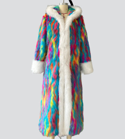 Luxury Splatter Tie Dye Long Coat with Faux Fur Trim
