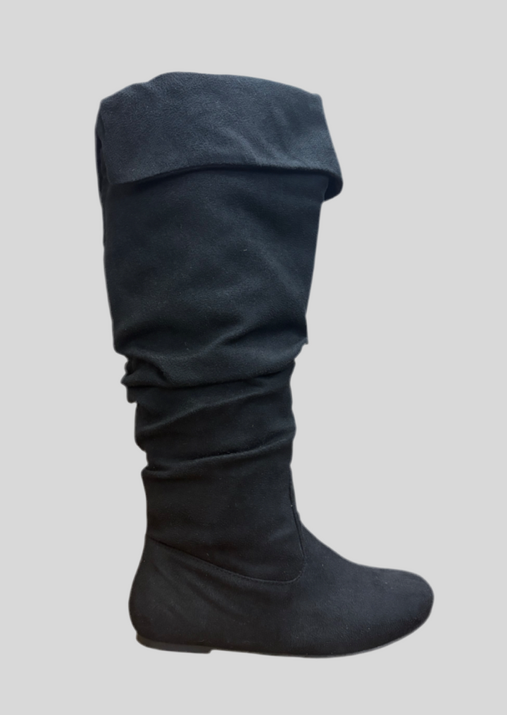 Black Fold Over Full Calf High Faux Suede Boots
