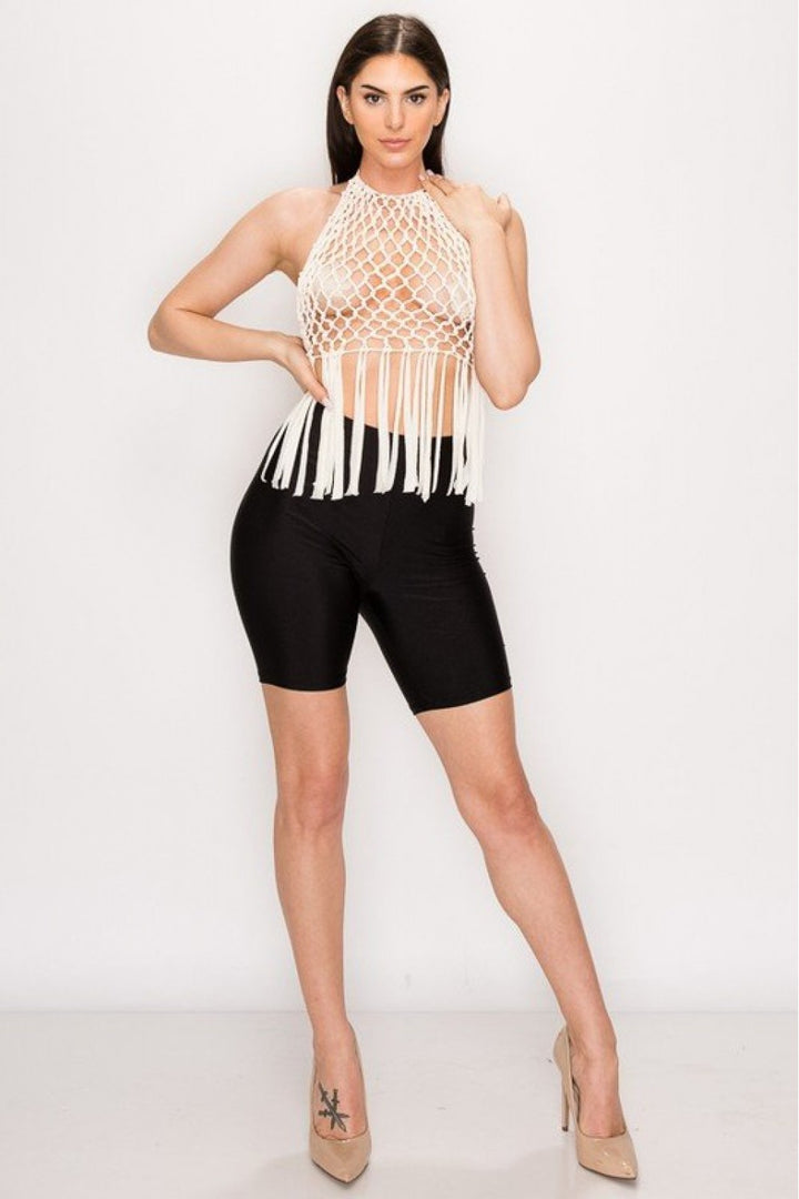Boho Net Fringe Halter Top