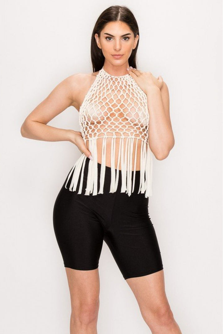 Boho Net Fringe Halter Top