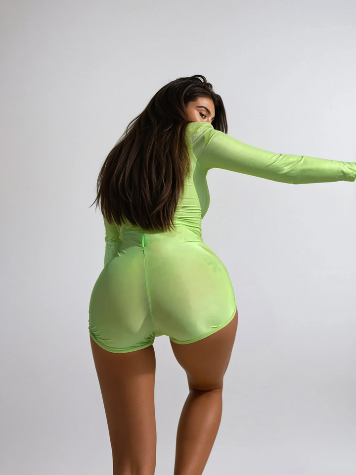 Neon Green & White Long-Sleeve Romper
