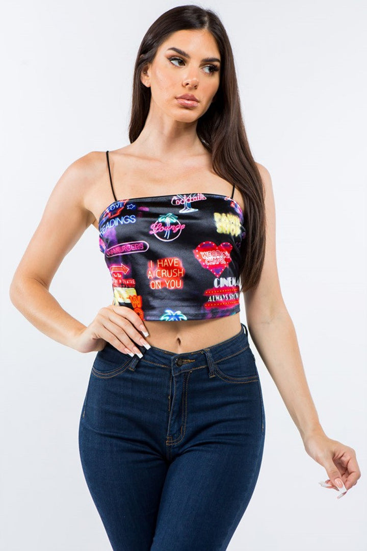 Neon Sign Print Satin Crop Top