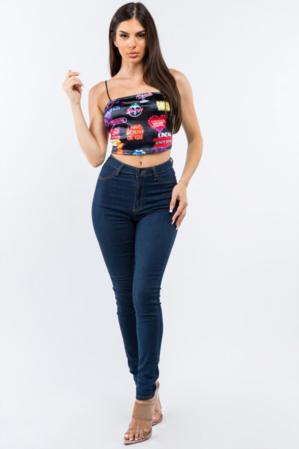 Neon Sign Print Satin Crop Top