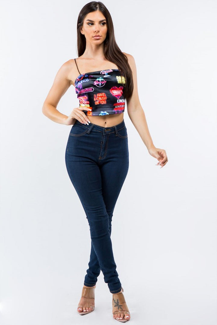 Neon Sign Print Satin Crop Top