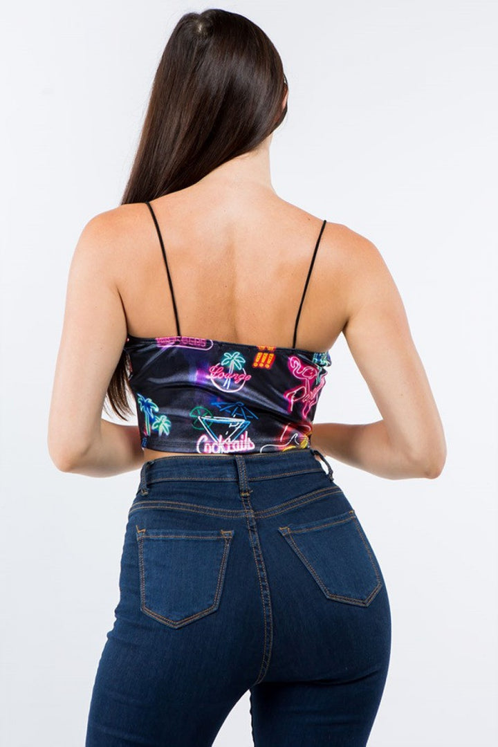 Neon Sign Print Satin Crop Top