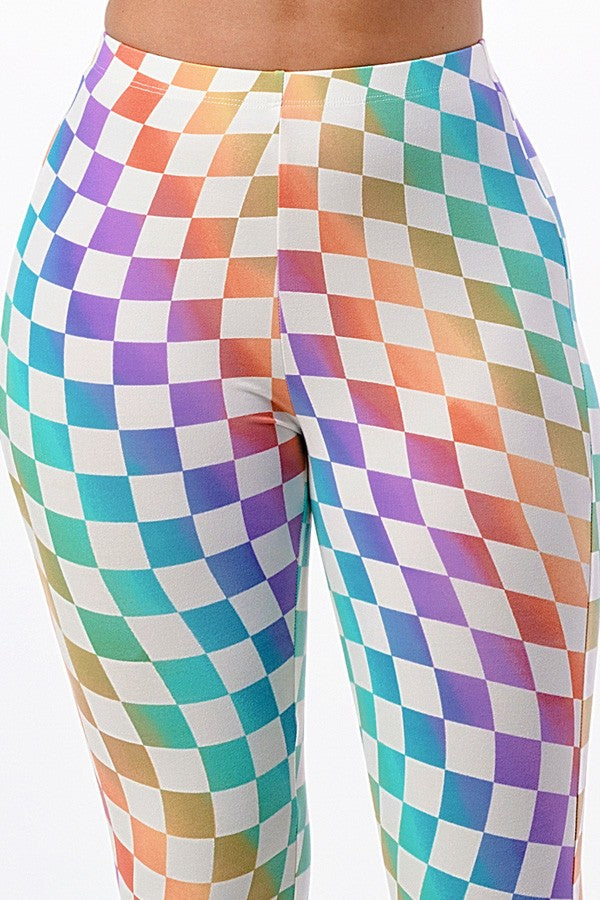 Multicolor Rainbow Wavy Checkerboard Flared Long Pants