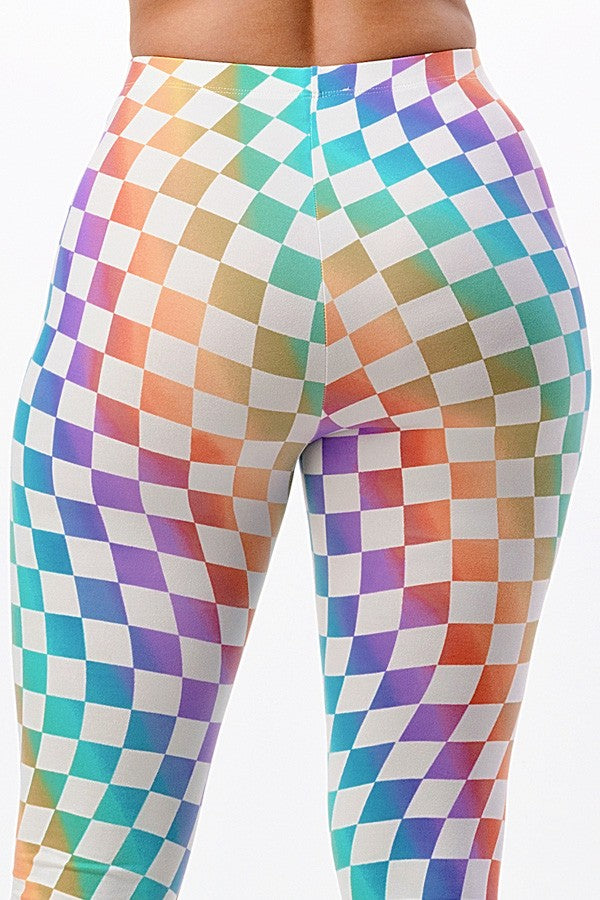 Multicolor Rainbow Wavy Checkerboard Flared Long Pants