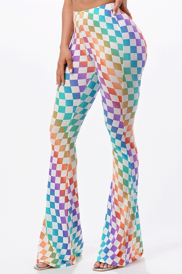Multicolor Rainbow Wavy Checkerboard Flared Long Pants
