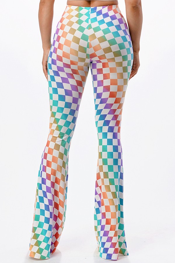 Multicolor Rainbow Wavy Checkerboard Flared Long Pants