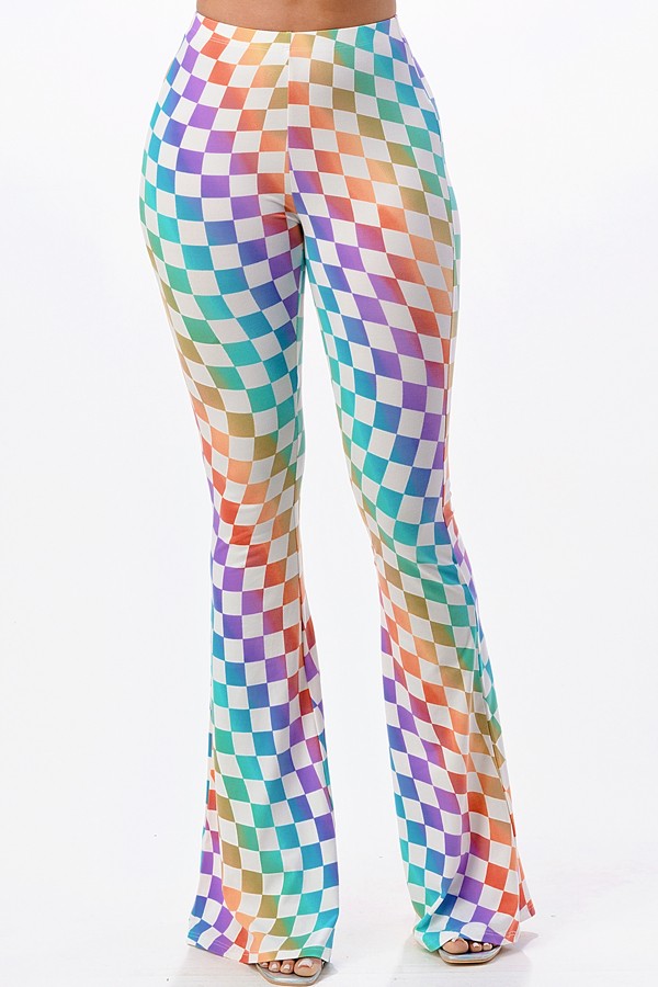 Multicolor Rainbow Wavy Checkerboard Flared Long Pants