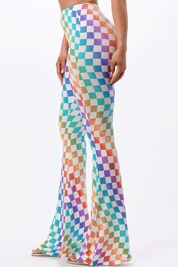Multicolor Rainbow Wavy Checkerboard Flared Long Pants