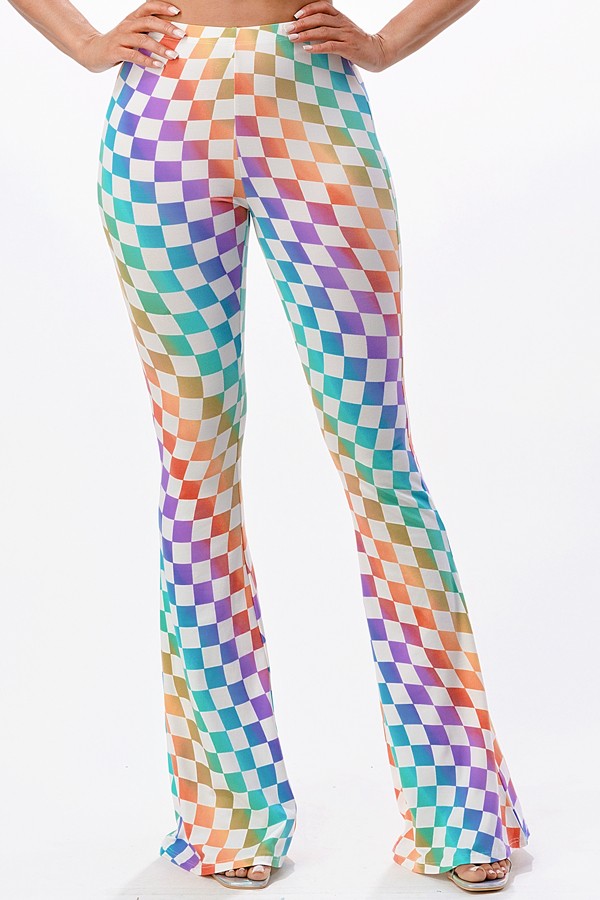 Multicolor Rainbow Wavy Checkerboard Flared Long Pants
