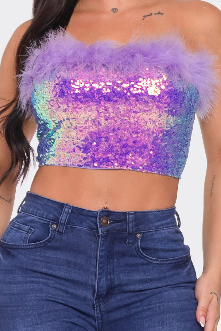 Sequin Crop Top with Fur
