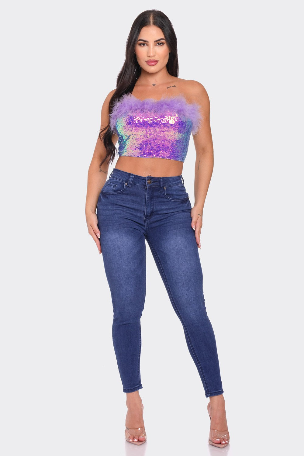 Sequin Crop Top with Fur