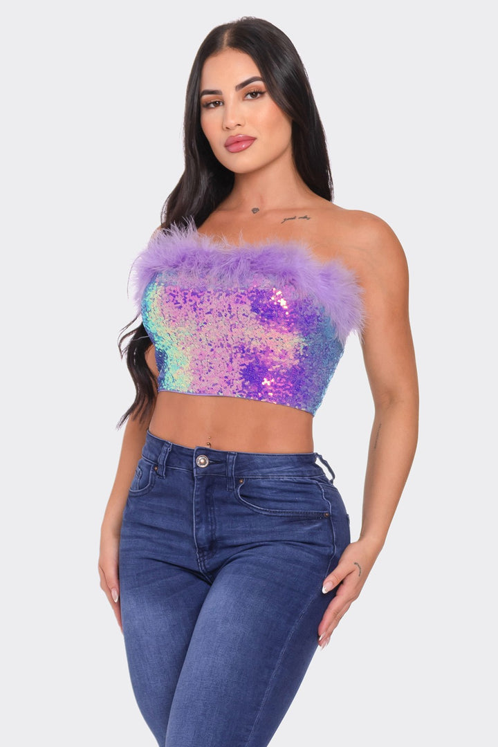 Sequin Crop Top with Fur