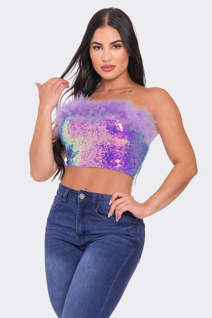 Sequin Crop Top with Fur