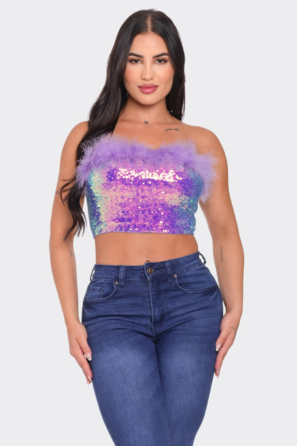 Sequin Crop Top with Fur