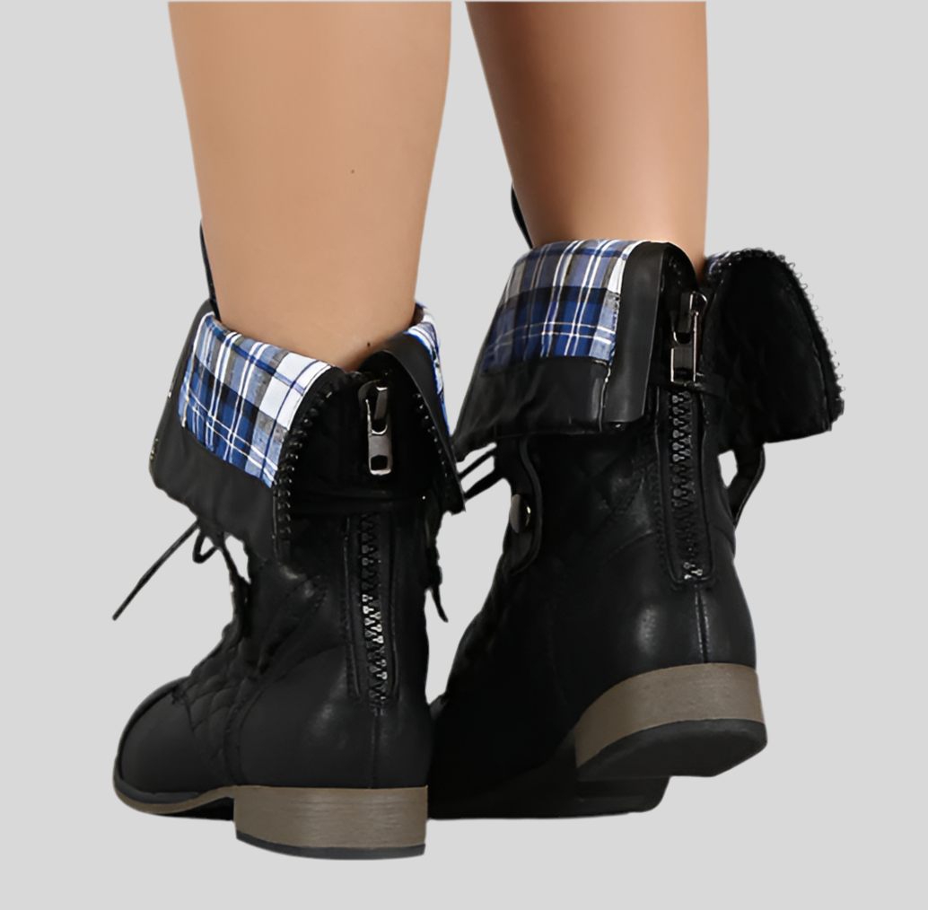 Plaid Cuff Quilted Combat Lace Up Boots