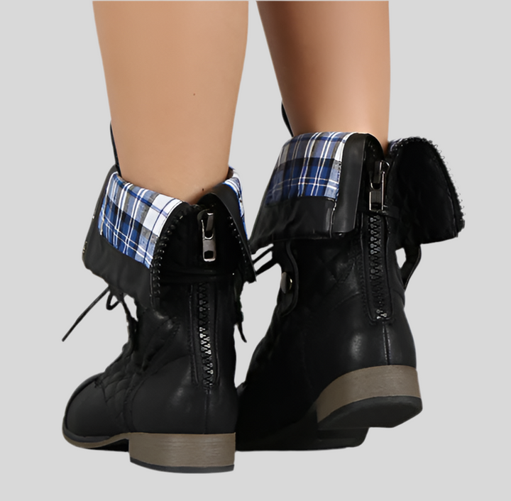 Plaid Cuff Quilted Combat Lace Up Boots