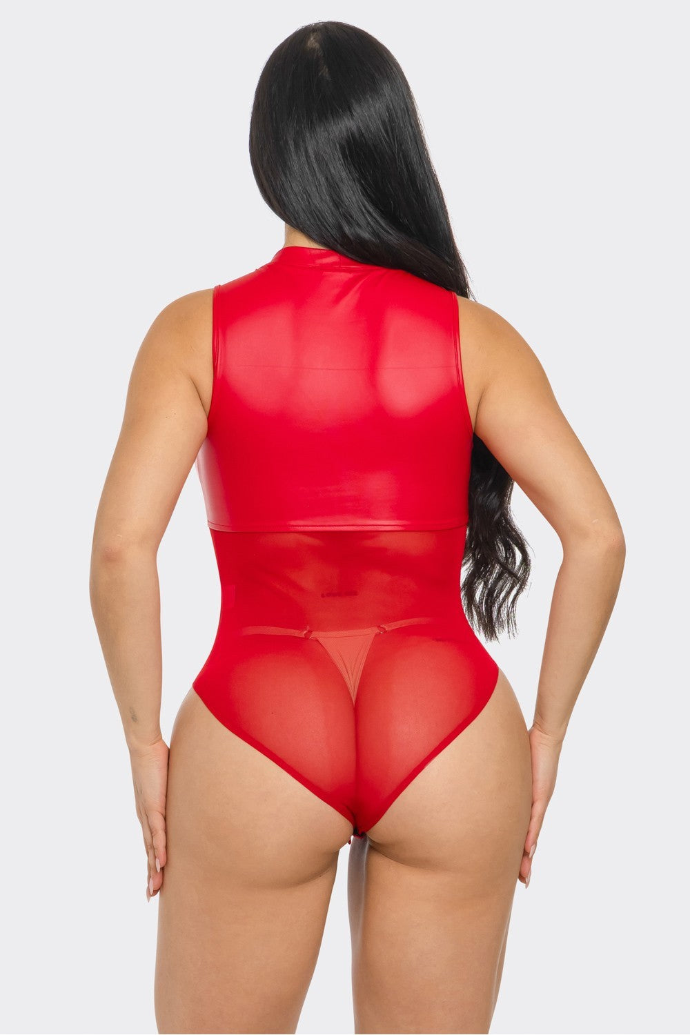 Sleeveless Solid and Mesh Contrast Bodysuit with Corset Detail