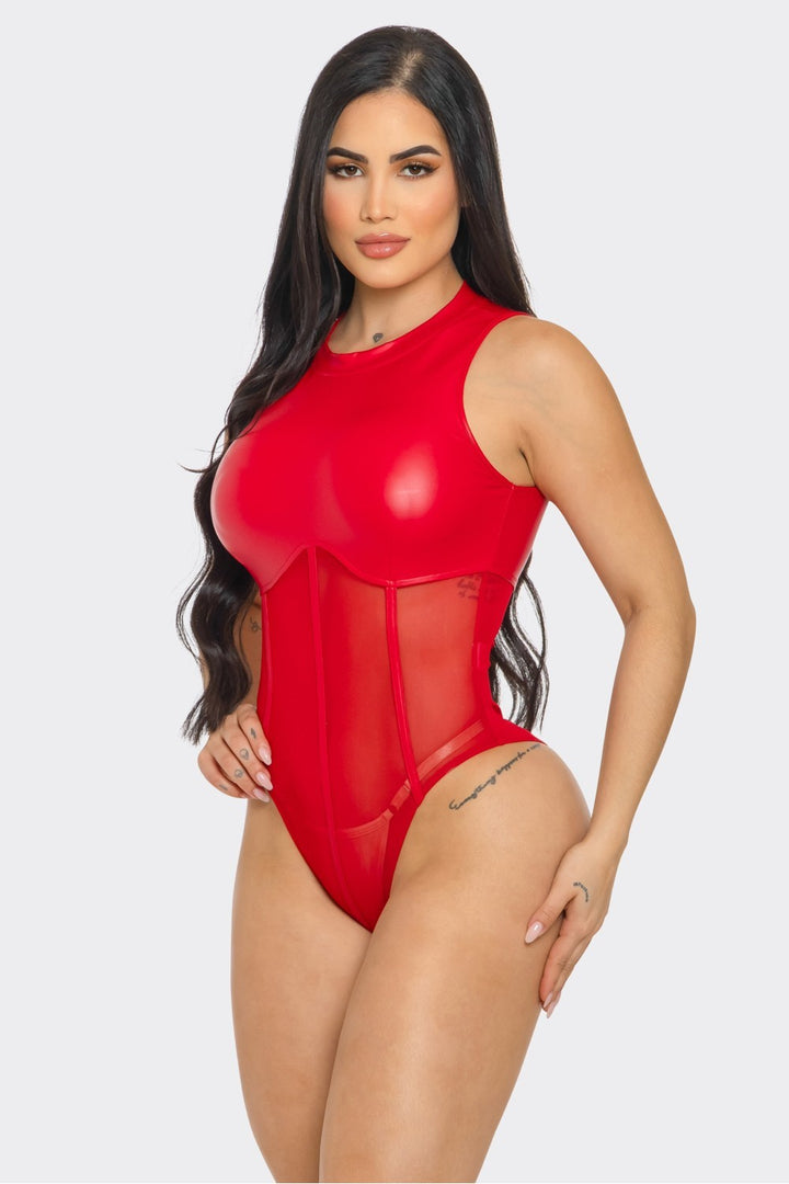Sleeveless Solid and Mesh Contrast Bodysuit with Corset Detail