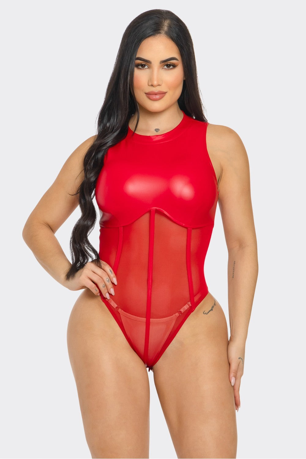 Sleeveless Solid and Mesh Contrast Bodysuit with Corset Detail