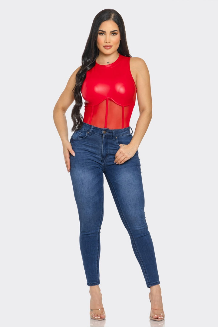 Sleeveless Solid and Mesh Contrast Bodysuit with Corset Detail