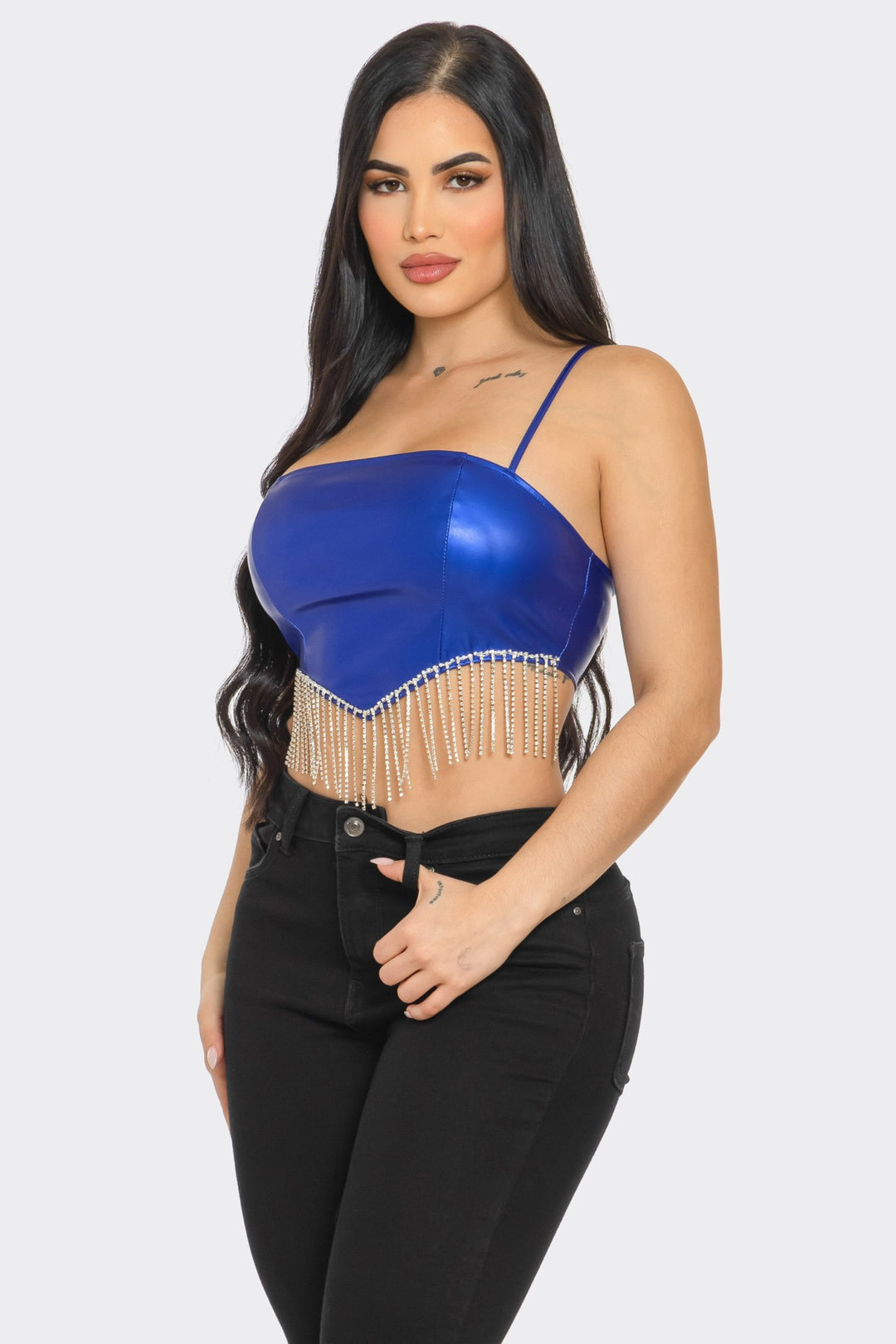 Metallic Crop Top with Rhinestone Fringe Detail
