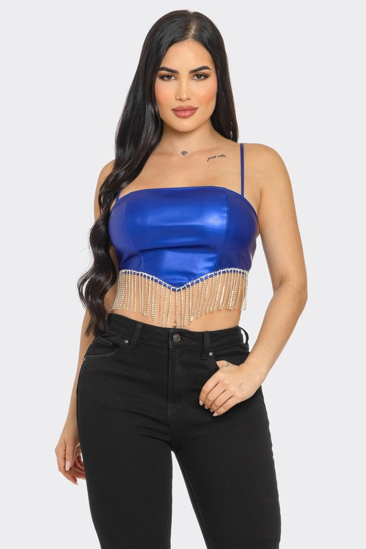 Metallic Crop Top with Rhinestone Fringe Detail