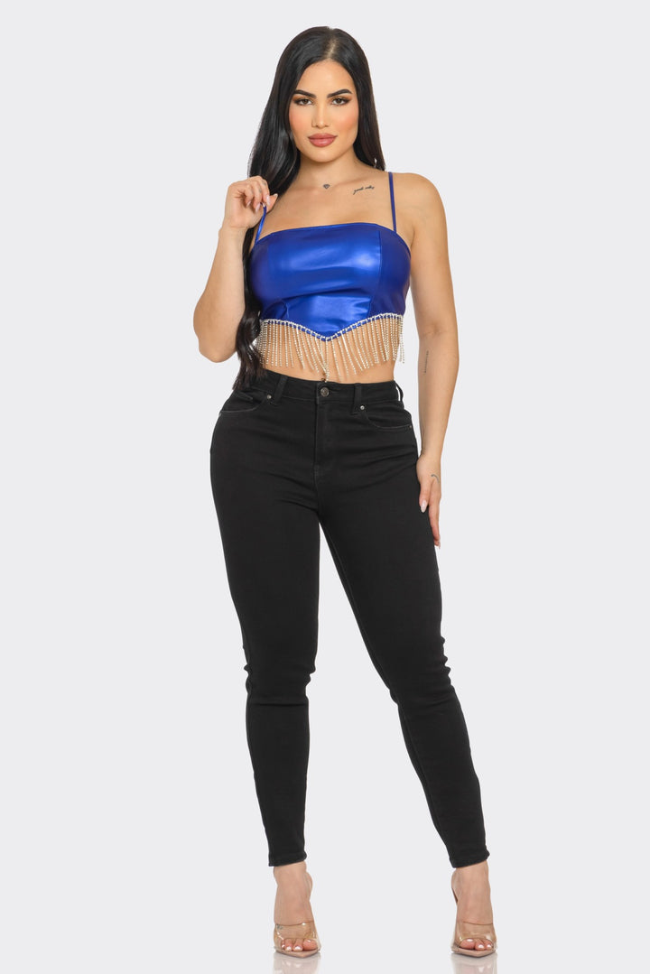 Metallic Crop Top with Rhinestone Fringe Detail