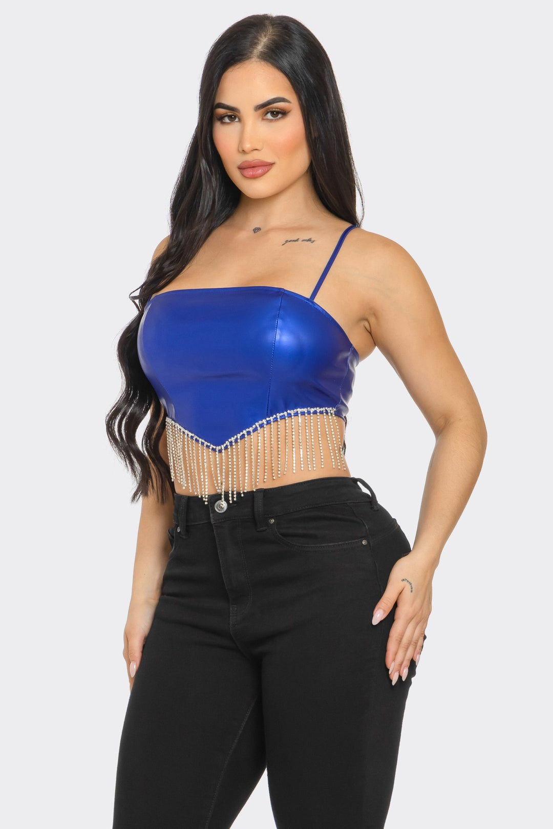 Metallic Crop Top with Rhinestone Fringe Detail
