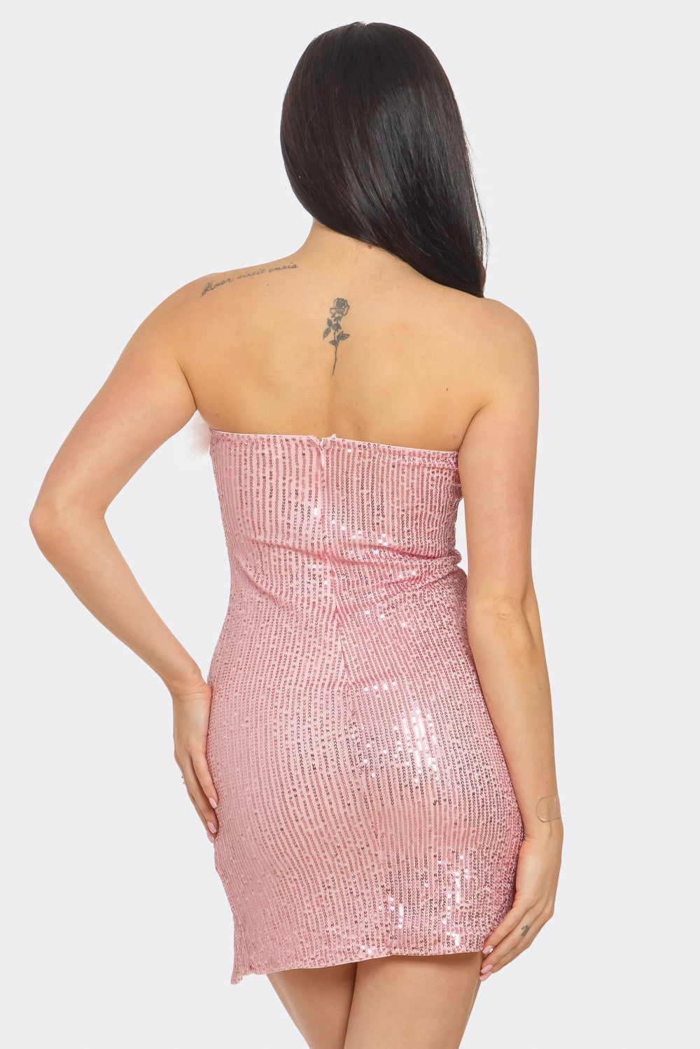 Tube Sequin Mini Dress with Fur Detail