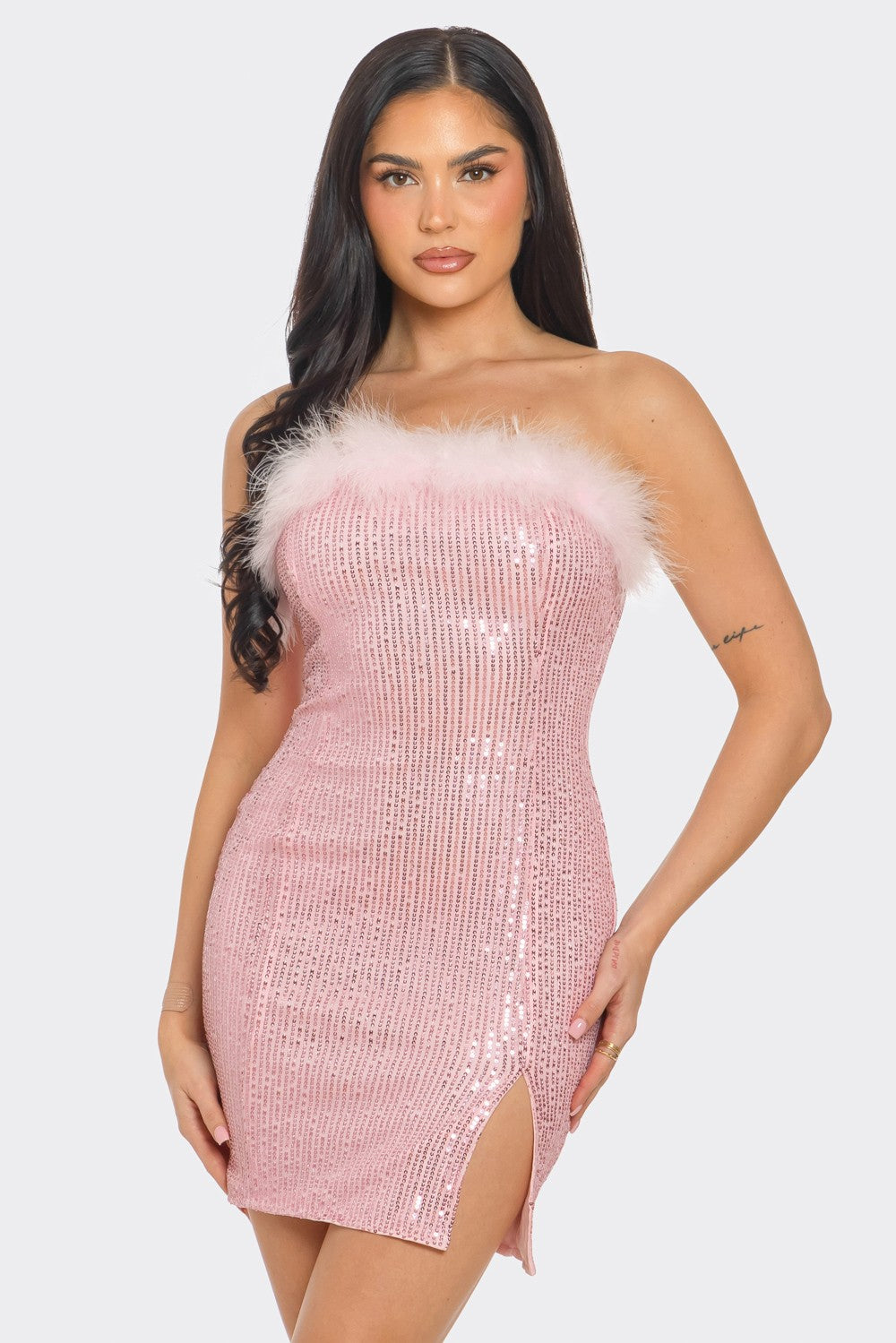 Tube Sequin Mini Dress with Fur Detail