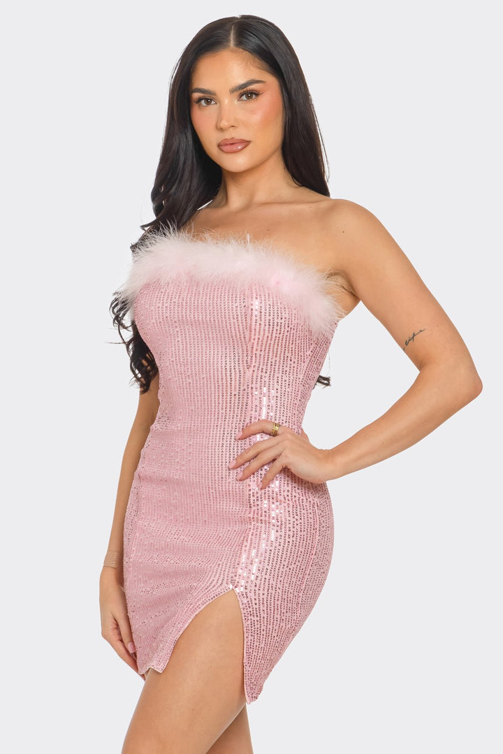 Tube Sequin Mini Dress with Fur Detail