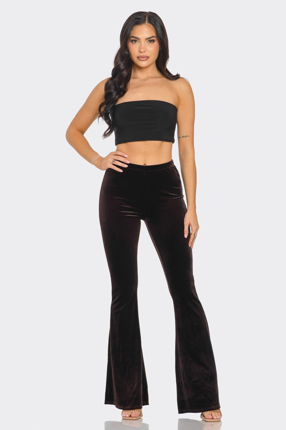 Solid Velvet Long Flared Pants