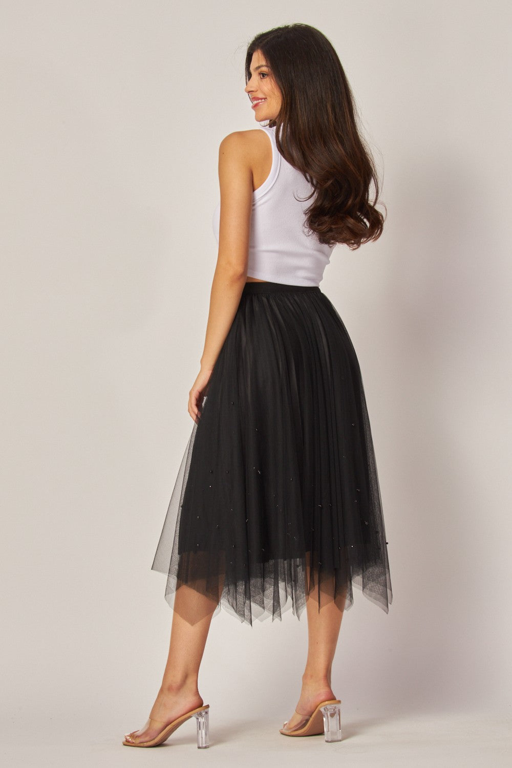 Pearl Embellished Mesh Tulle Skirt