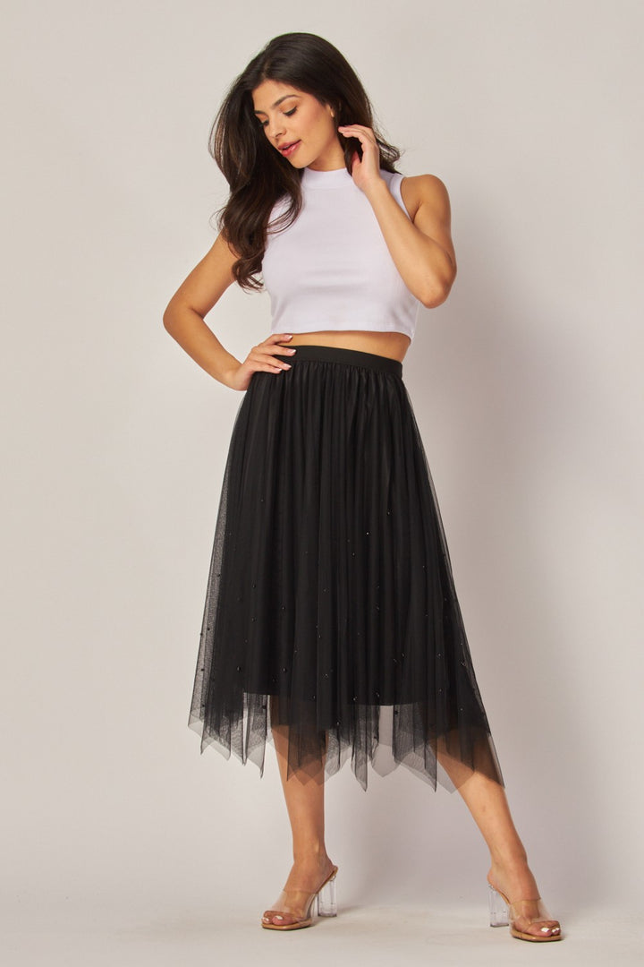 Pearl Embellished Mesh Tulle Skirt