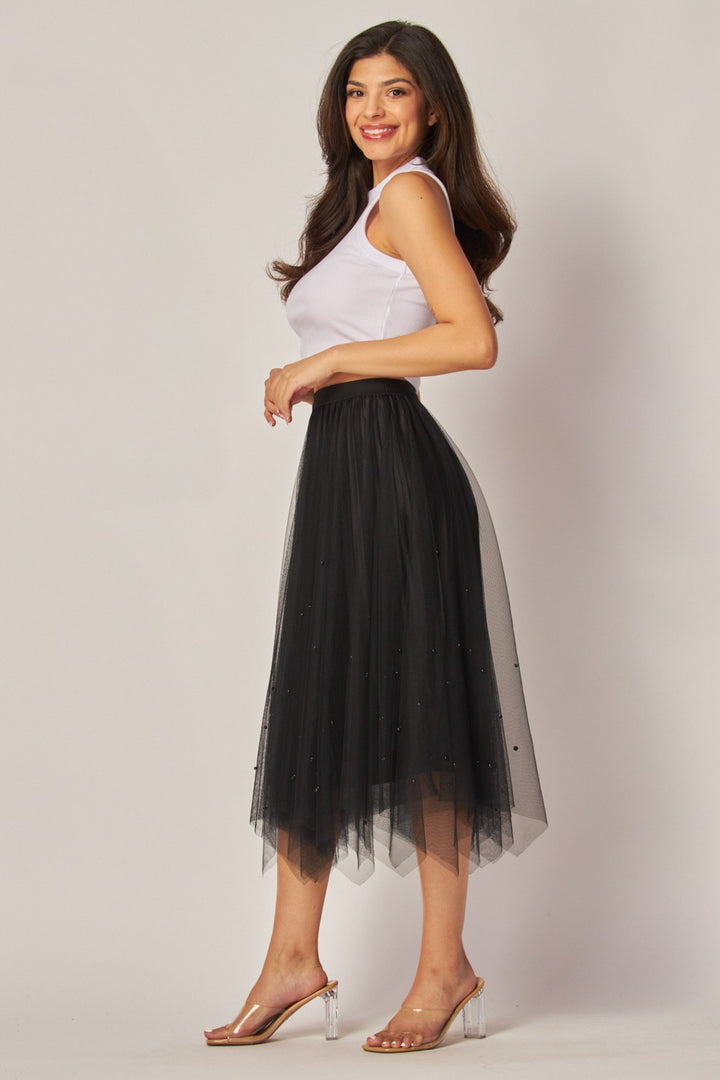 Pearl Embellished Mesh Tulle Skirt