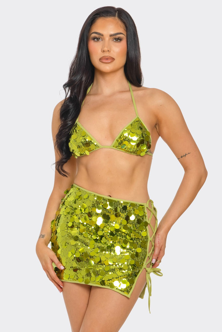 Bikini Sequin Top and Mini Skirt Set