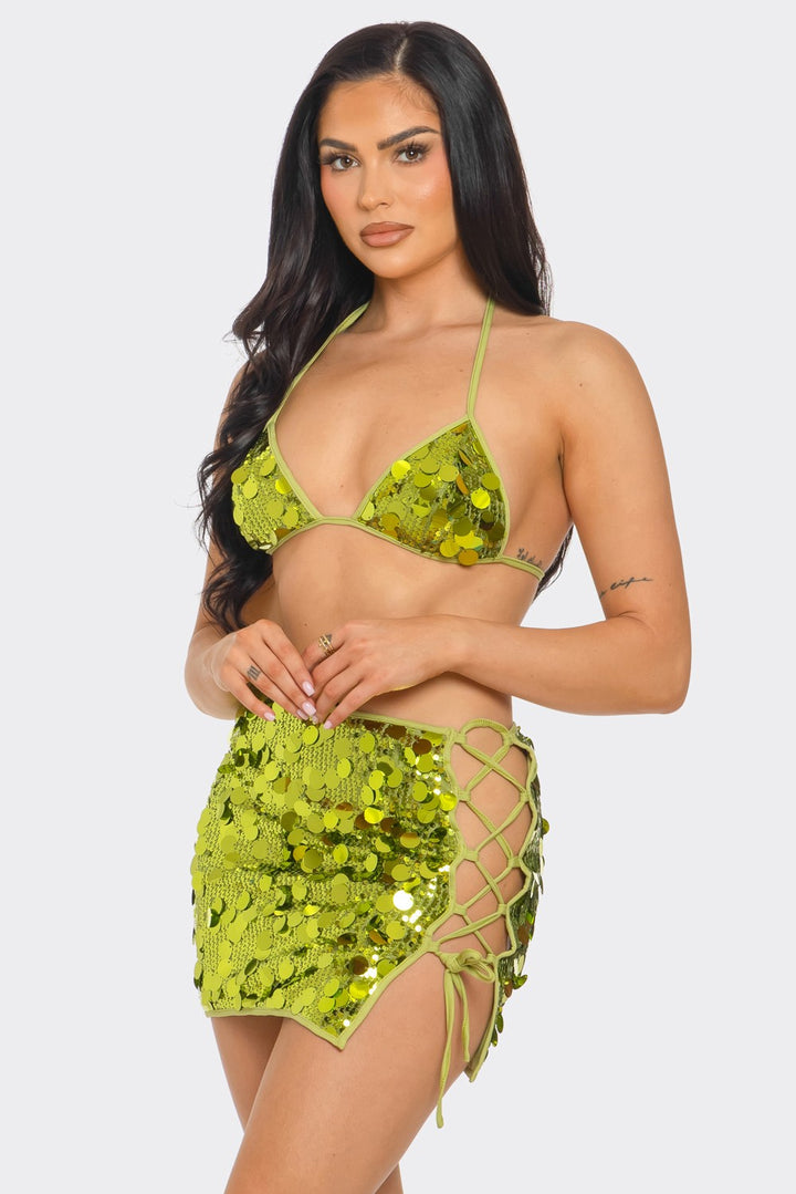 Bikini Sequin Top and Mini Skirt Set