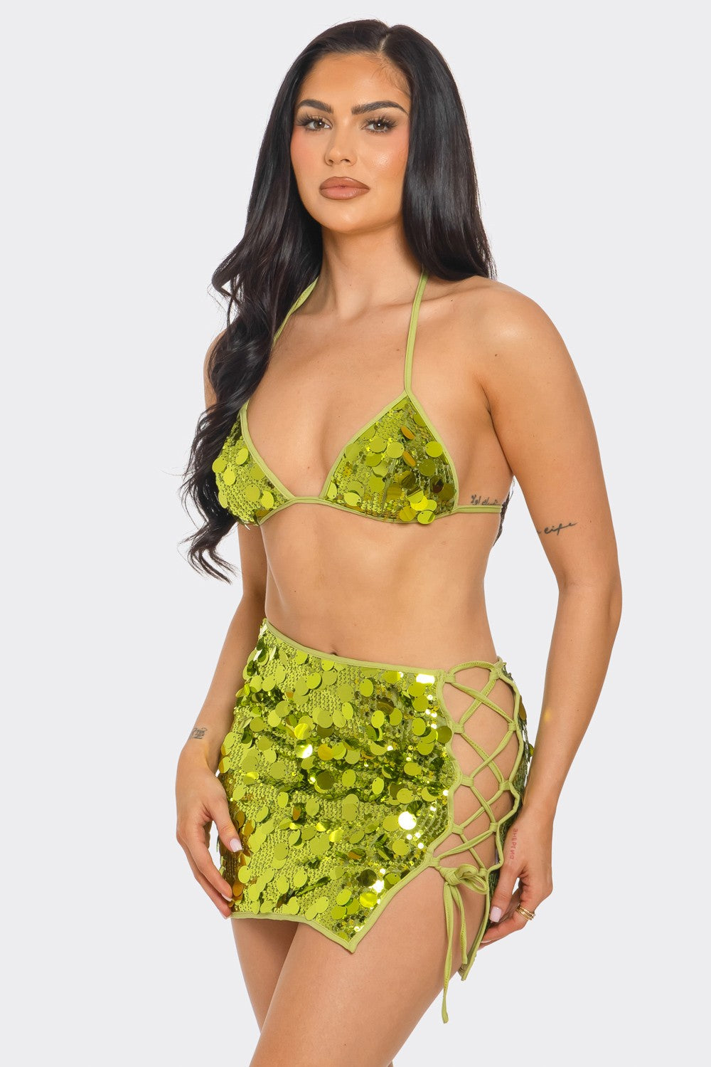 Bikini Sequin Top and Mini Skirt Set