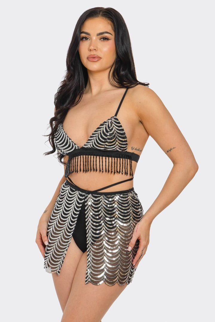 Sequin Bikini Top and Skirt Set