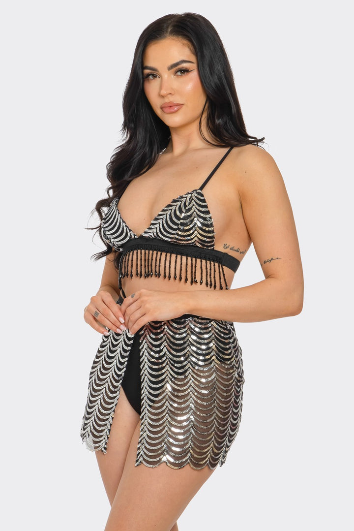 Sequin Bikini Top and Skirt Set