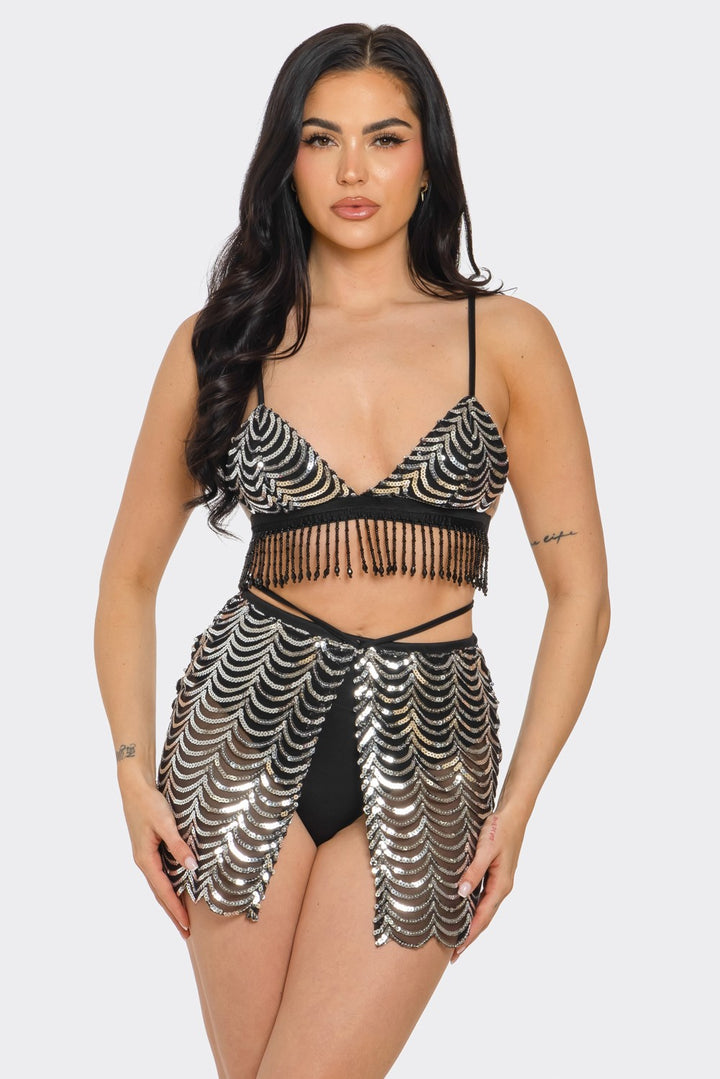 Sequin Bikini Top and Skirt Set