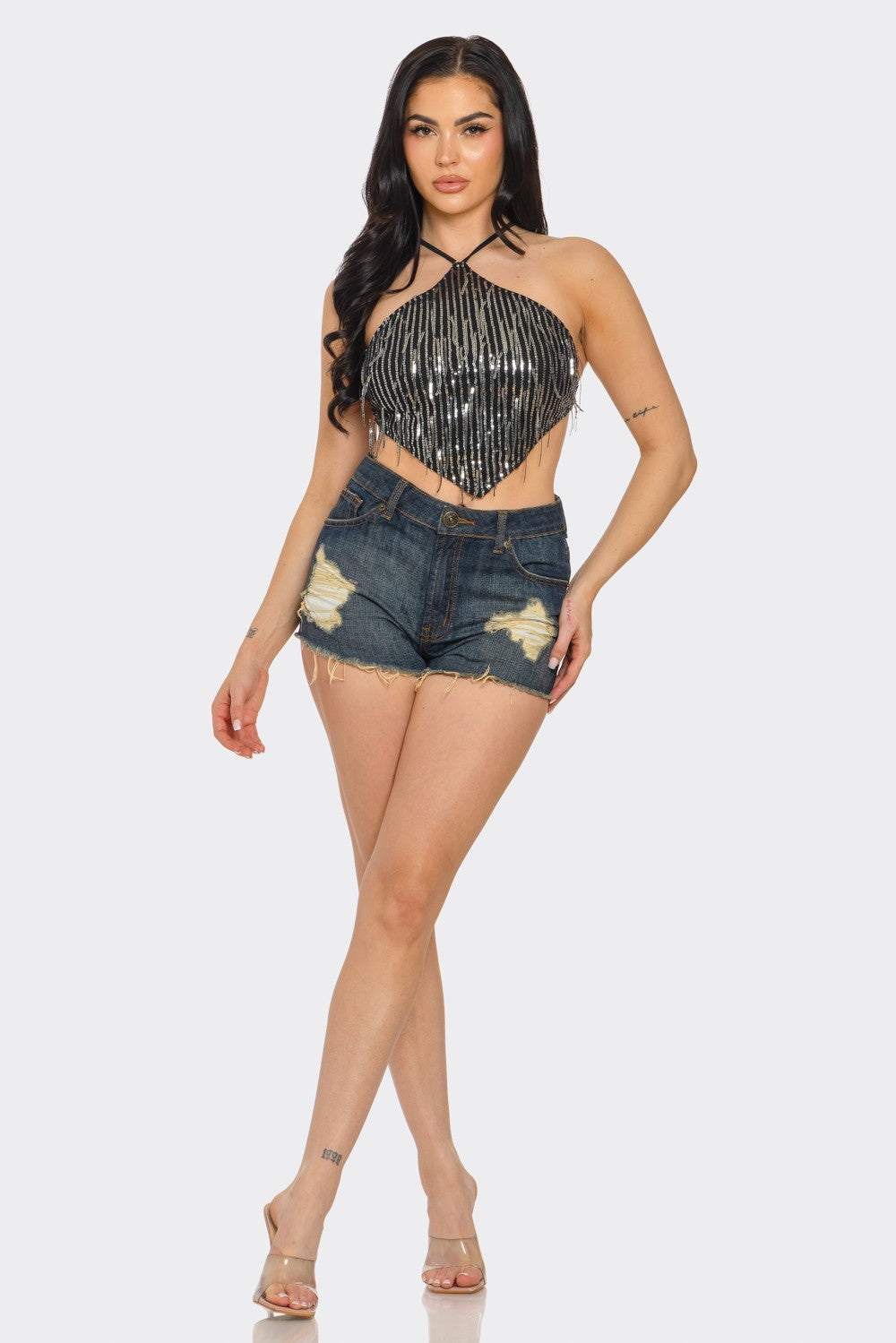 Fringe Sequin Open Back Top