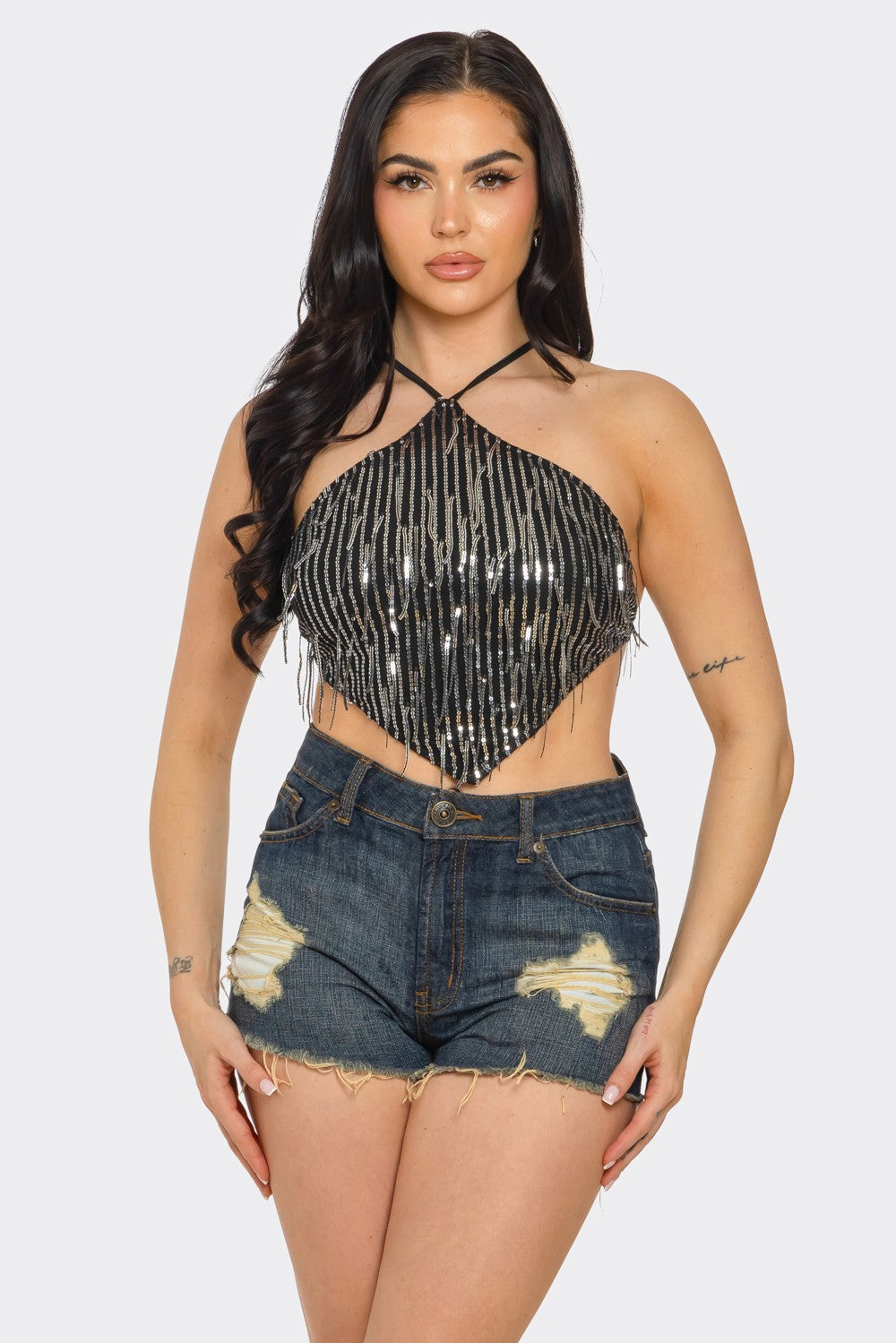 Fringe Sequin Open Back Top